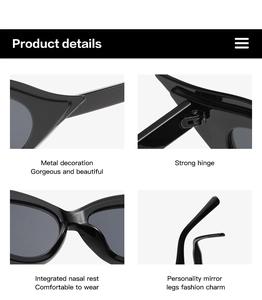 Detail showing cat eye sunglasses with metal accents, durable hinges and comfortable nose pads