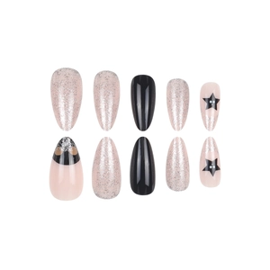 Pink glitter and black press-on nails with star and eye patterns in long almond shape