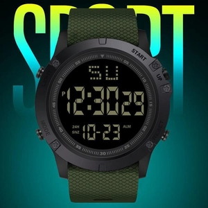 Detail view of the digital watch dial showing time, date, and functional buttons