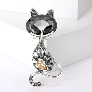 Luxury crystal cat brooch with faceted grey stones on a silver-tone base for men and women