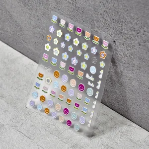 5D embossed colorful smiley face and flower nail art stickers with 3D relief texture