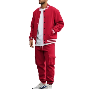 Men's red varsity jacket and cargo pants two-piece set featuring white stripes and stand collar