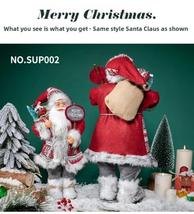 Front and back detail of Santa Claus dolls in red felt with snowy holiday scene props