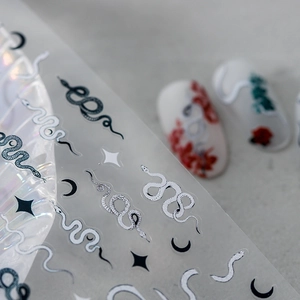 Japanese style snake and moon ultra-thin nail art stickers with metallic star motifs