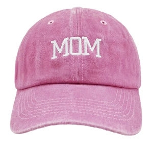 Close-up of MOM embroidery on vintage washed cotton baseball cap in rose pink