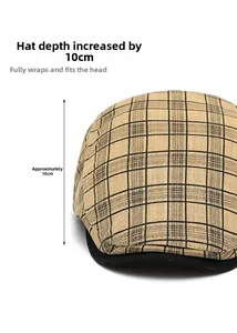 Detail view of plaid newsboy cap showing the 10cm crown depth and black visor