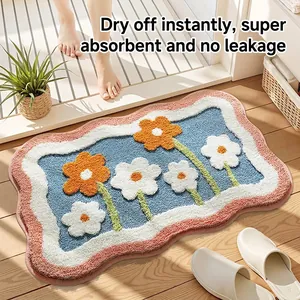 Floral Bath Mat Flocked Polyester Super Absorbent Anti-Slip Bathroom Rug Machine Washable Quick Dry Shower Entryway Mat