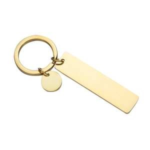 Polished gold stainless steel keychain with blank rectangular and circular tags