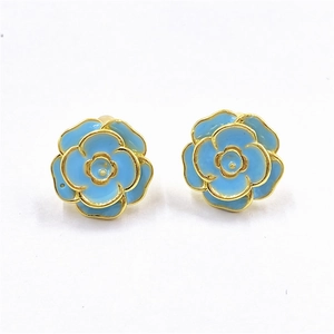 Blue rose flower earrings in gold plating with elegant camellia enamel petals