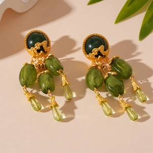 Boucles D'oreilles Pendantes Goutte D'eau Résine Vert Olive Style Cour Française Vintage Alliage Avec Tige Argent Femme