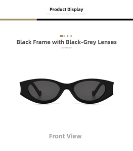 Front view of oval black frame sunglasses with dark grey lenses in retro street style