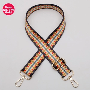 Adjustable woven shoulder strap with colorful geometric stripes and gold metal hooks