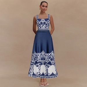 Women Ethnic Print One Piece Swimsuit Nylon Majolica Pattern Sleeveless Vacation Beachwear Bathing Suit With Long Skirt