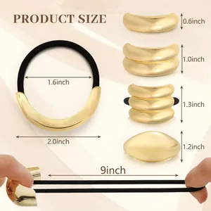Detailed size chart for golden ponytail cuff hair rings showing width and elastic stretch