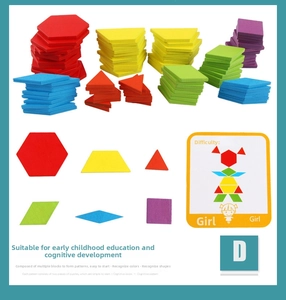 Detailed macro of colorful wooden geometric puzzle blocks and guide pattern cards