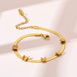 Elegant gold butterfly snake chain bracelet with five matte charms and adjustable clasp