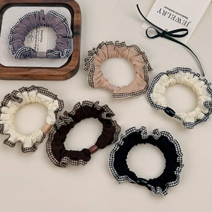 Set of 6 vintage plaid lace scrunchies in assorted colors with decorative buckles