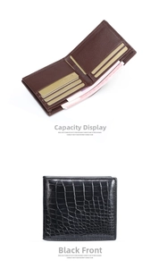 Detail of crocodile pattern leather bifold wallet with multiple card slots and bill compartment