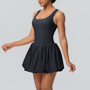 Detailed view of black sleeveless bubble hem athletic dress with high elasticity fabric
