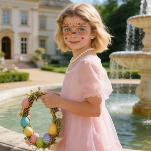 Easter kids face tattoos showing colorful eggs and carrots on a child's cheek in a garden