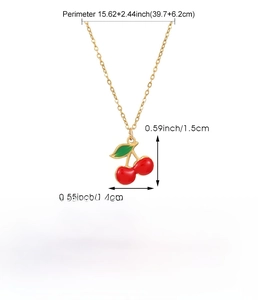 Detailed view of cherry pendant necklace dimensions and stainless steel material specs