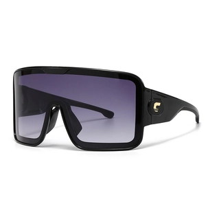 Oversized shield sunglasses with black frame, gradient purple lenses and gold star detail