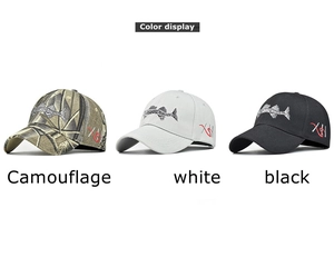 Detail of 3D fish bone embroidery and side lettering on camouflage baseball caps