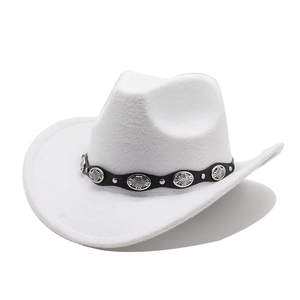 Classic white felt western cowboy hat with black leather band and embossed silver metal studs