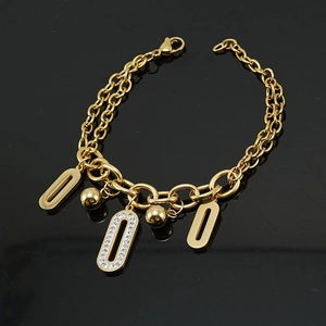 Bracciale in acciaio inossidabile placcato oro 18K con pendenti ovali e cristalli