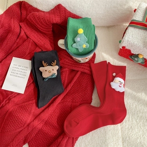 Detailed knit texture of Christmas socks with 3D Santa, reindeer and tree patches