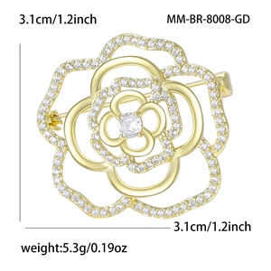 Luxurious gold rose brooch with hollow design and cubic zirconia flower petals