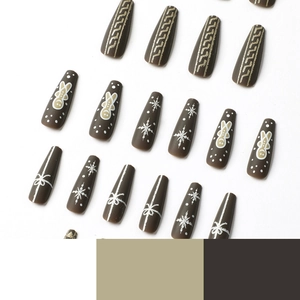 Matte brown Christmas press-on nails with gingerbread man and 3D cable knit patterns