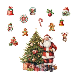 Christmas wall stickers set with Santa Claus, reindeer, and decorated pine tree patterns