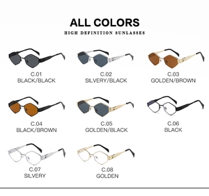 Collection of metal geometric sunglasses in eight colors with detailed model labels