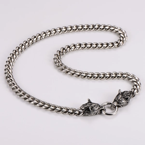 Detail of viking wolf head clasp on vintage silver stainless steel chain necklace