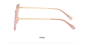 Side view of cat-eye sunglasses featuring pink metal temples and rose gold frames
