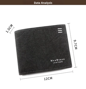 Detailed view of black bifold matte leather wallet for men showing precise 12cm width dimensions