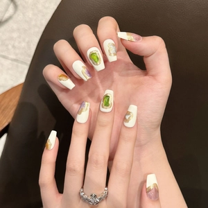 Short square press-on nails with ivory base, French abstract art and gold borders