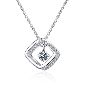 S925 sterling silver necklace featuring a geometric square pendant with moissanite stone