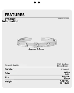 Detail view of S925 sterling silver star bangle with zircon inlay and brushed finish