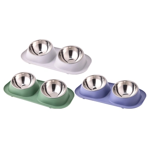 Detail view of double pet bowl set with stainless steel inserts and non-slip grey base