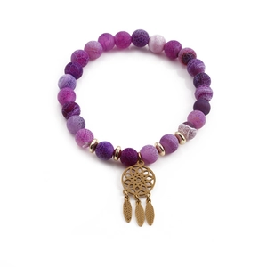 Beaded Bracelet Purple Cracked Agate Style Stone With Stainless Steel Dreamcatcher And Feather Charms Bohemian Jewelry