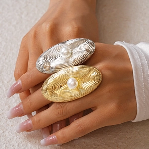 Statement gold and silver oval textured open rings with white pearl accents for women