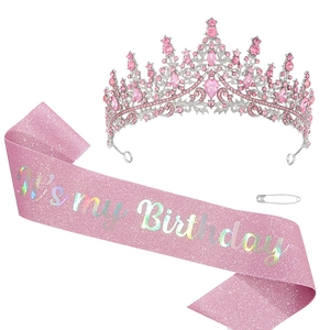 Pink Birthday Queen crown and glitter sash set with crystals and holographic text