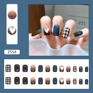 Blue plaid and heart press-on nails set in short square shape with checkered design