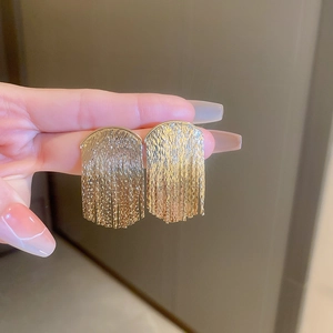 Detailed view of gold tassel earrings with textured geometric design and fringe drops