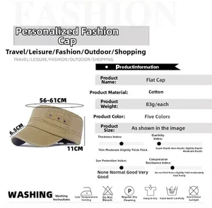Detailed size chart for washed cotton flat top military cap with dimensions and washing tips