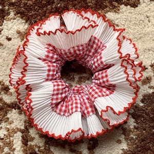 Oversized Scrunchie Handmade Cotton Gingham Pleated Lace Trim Elastic Hair Tie Band Soft Hair Accessories For Women