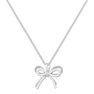 Detailed view of silver bow pendant necklace featuring white pearls and zircon accents