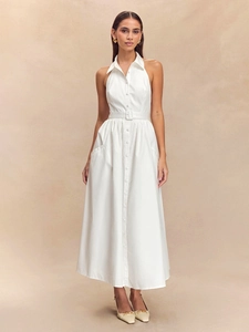 Robe midi blanche élégante avec col à revers et ceinture pour l'été et le travail